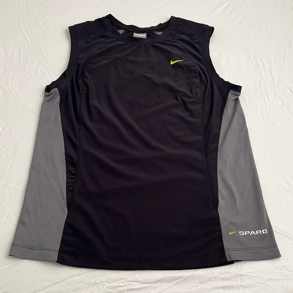 Nike Sparq black and gray sleeveless muscle tank top with neon yellow swoosh